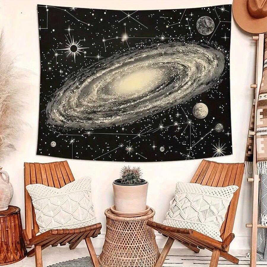 Black starry sky tapestry with large spiral galaxy planets and constellation lines