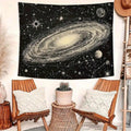 Celestial space wall hanging staged above sofa with white starfield artwork