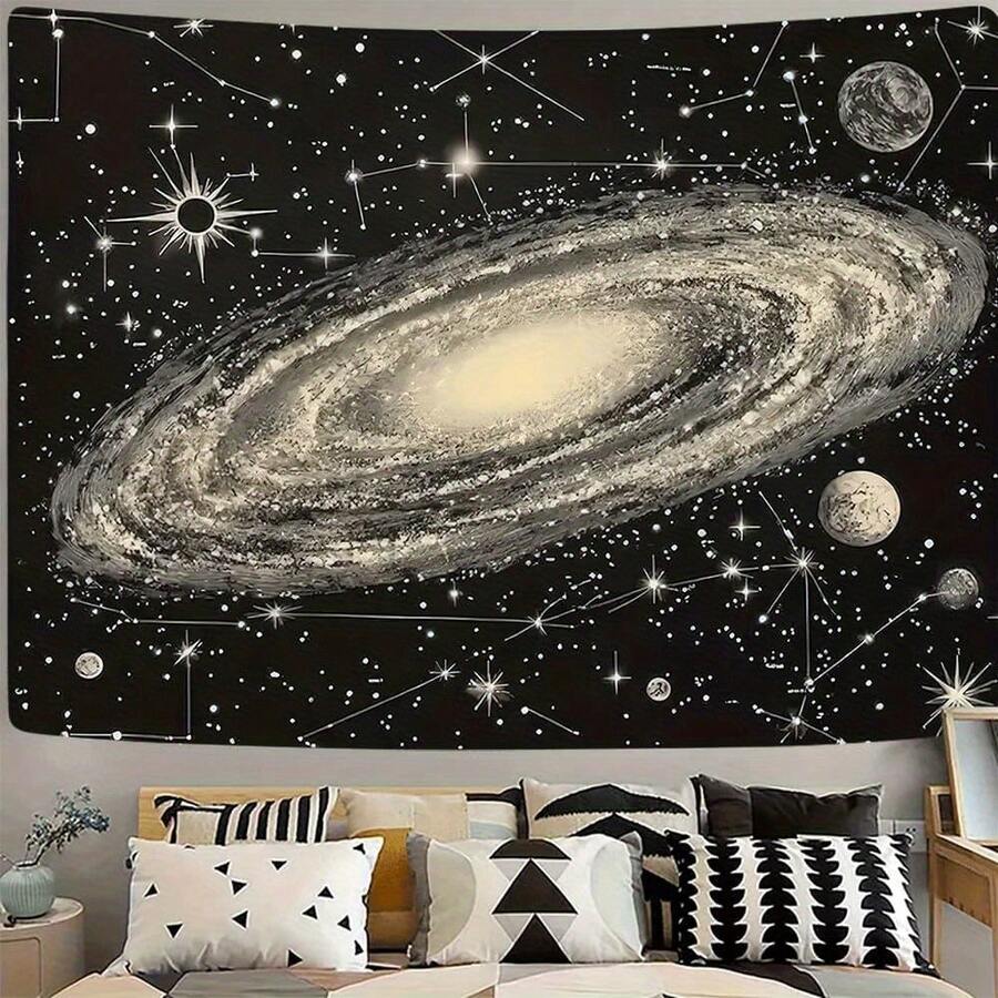 Black starry sky tapestry with large spiral galaxy planets and constellation lines