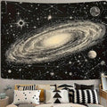 Black starry sky tapestry with large spiral galaxy planets and constellation lines