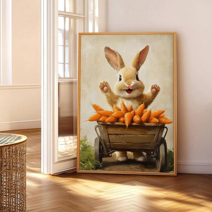 Bring whimsy and warmth to any space with this charming rabbit and carrot canvas wall art. Featuring a delightful cartoon design, this piece combines playful animal and plant patterns perfect for kids' rooms, nurseries, or spring-themed celebrations.