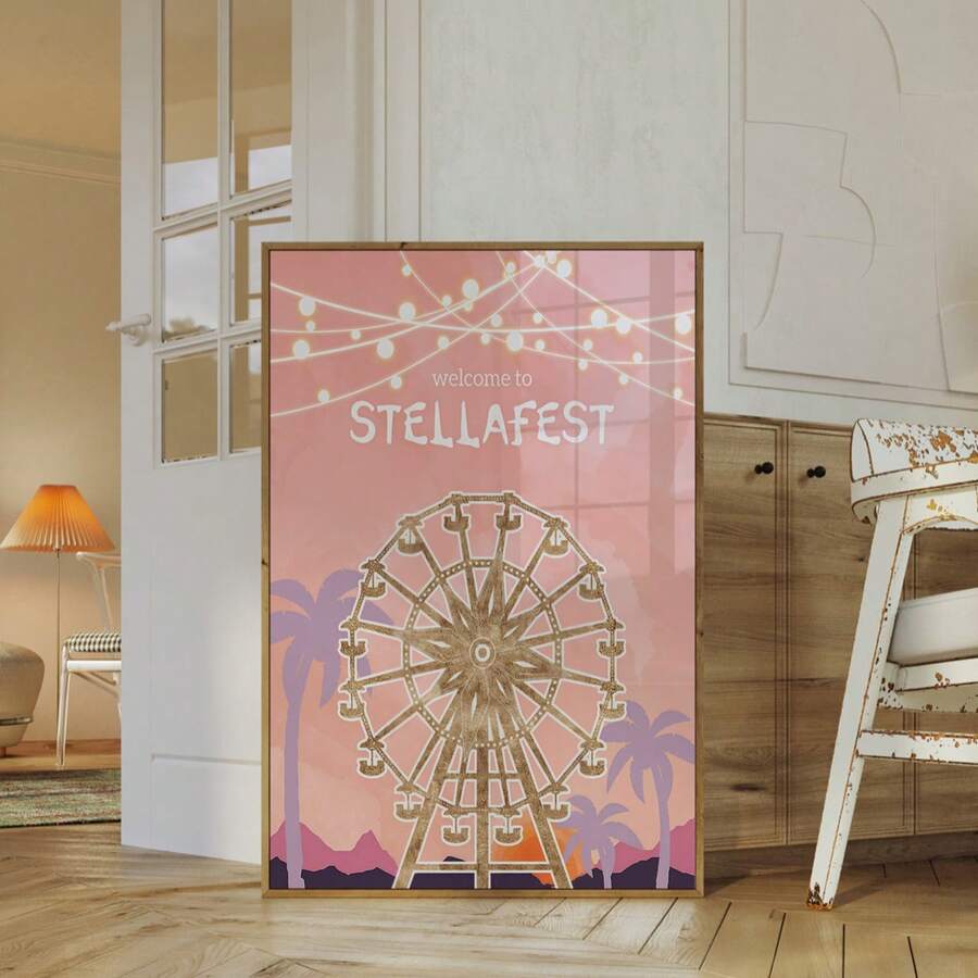 Bring nostalgic carnival charm to your space with this stunning watercolor Golden Ferris Wheel art print. Featuring a dreamy golden ferris wheel paired with swaying palm trees, this bohemian piece captures the essence of summer festival vibes and vintage amusement park aesthetics.