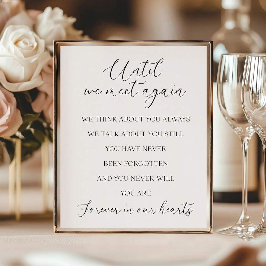 A touching tribute to love and remembrance, this frameless canvas art features elegant black lettering with the poignant message "Until We Meet Again." The minimalist design brings vintage charm to any space, making it perfect for bedrooms, living rooms, or home offices. Crafted on durable, waterproof canvas, this unframed piece offers flexibility in how you display it—mount it directly or add your choice of frame. A meaningful way to honor cherished memories while adding sophisticated decor to your home.