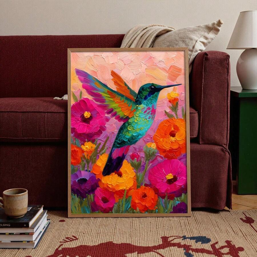 Bring vibrant Mexican folk art into your home with this stunning boho hummingbird canvas poster. Featuring intricate floral patterns inspired by traditional tribal designs, this piece celebrates nature's beauty with bold colors and dynamic imagery. Perfect for modern living spaces, dining rooms, or kitchens, the waterproof canvas ensures durability and longevity. Choose between framed or unframed options to match your décor style. The animal and plant motifs create a warm, welcoming atmosphere that compleme