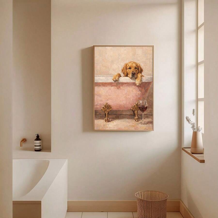 Bring playful charm to your bathroom with this minimalist Golden Retriever canvas poster. Featuring a humorous take on bath time, this modern wall art captures the quirky personality of man's best friend in a clean, contemporary design. Perfect for dog lovers and pet enthusiasts, the waterproof canvas material ensures durability in moisture-prone spaces. Available as both framed and unframed options to suit your décor style. A delightful addition that transforms any bathroom into a gallery of joy and laught