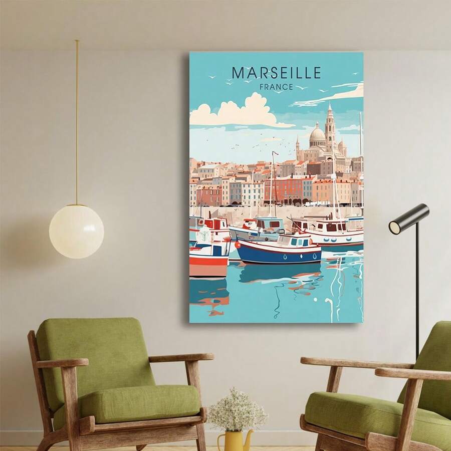 Marseille France vintage travel poster with harbor boats and basilica skyline on gray wall
