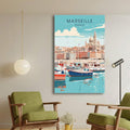 Marseille coastal wall art above green lounge chairs in warm modern room