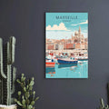 Marseille France poster on dark navy wall with cactus plants and turquoise harbor scene