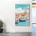Bright Marseille harbor travel poster displayed in airy modern interior with plant