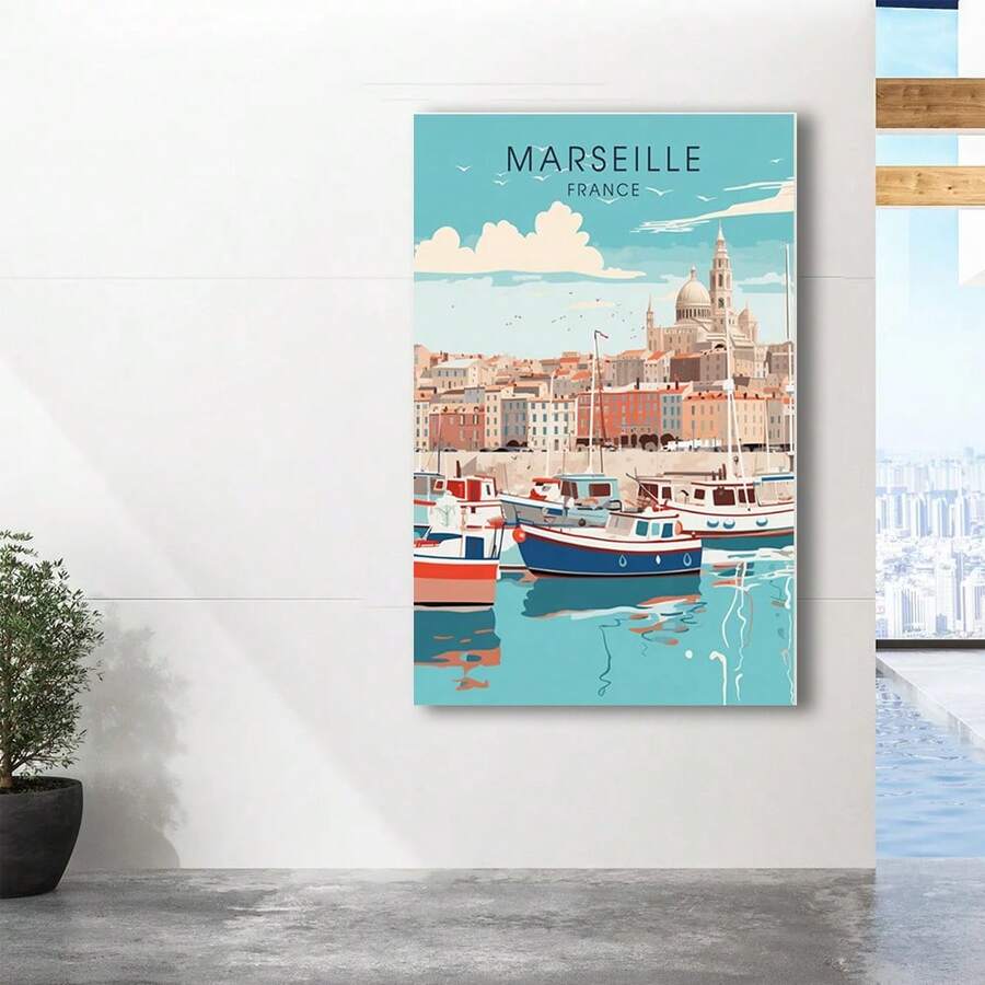 Bright Marseille harbor travel poster displayed in airy modern interior with plant
