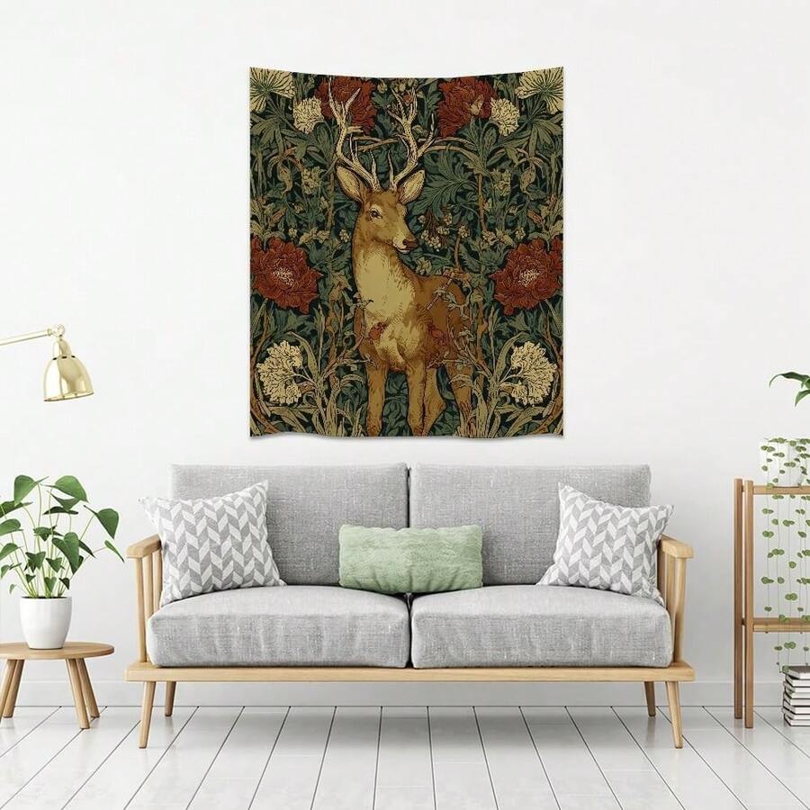 Vintage deer floral tapestry with stag antlers and red flowers