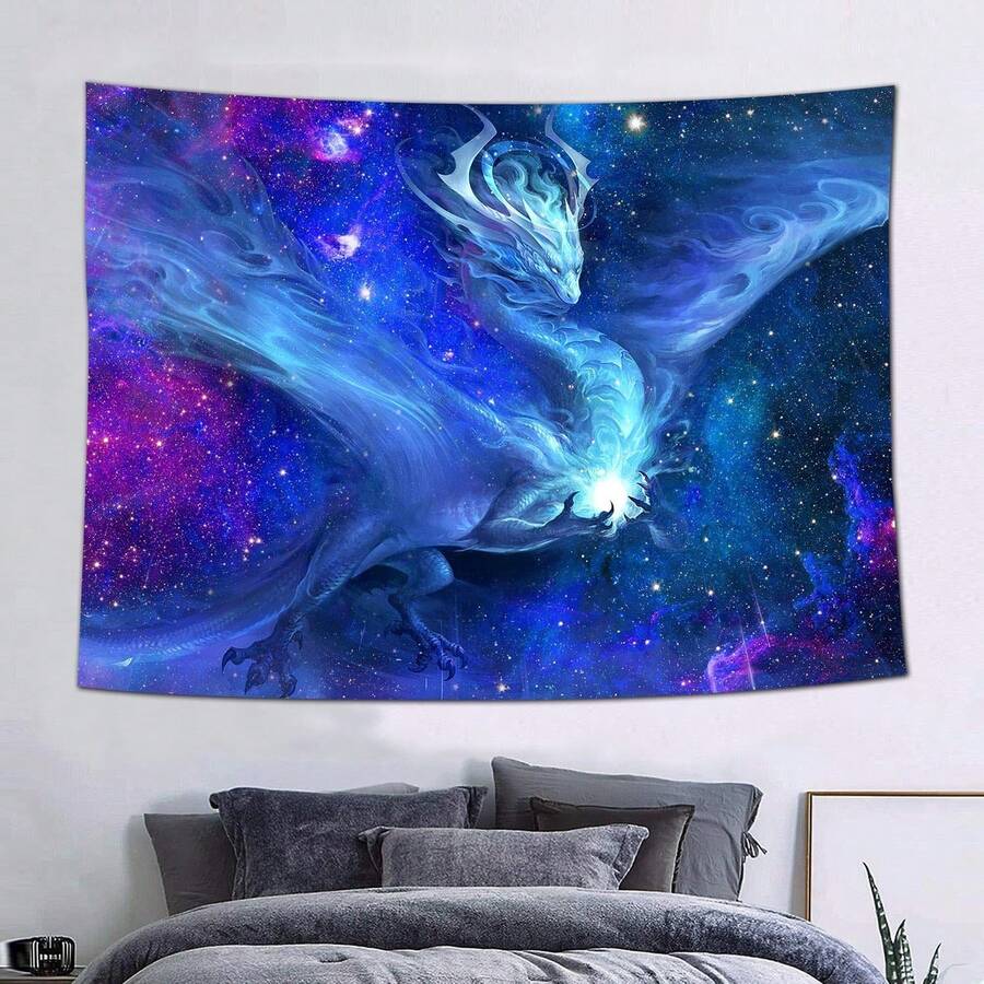 Blue galaxy dragon tapestry displayed above bed in fantasy bedroom