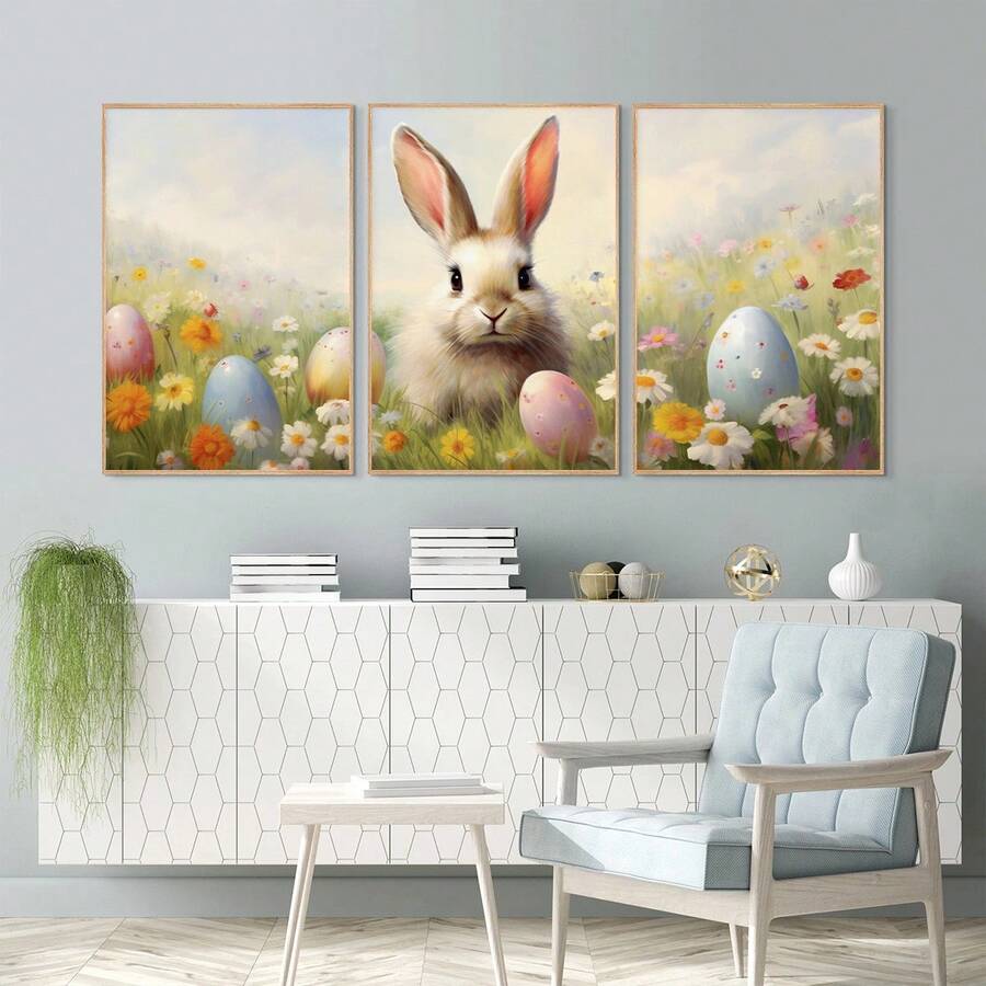 Bring spring charm to your home with this enchanting 3-piece vintage Easter canvas wall art set. Featuring delicate bunny and egg designs in soft, pastoral tones, these framed pieces perfectly capture the essence of farmhouse style. Each canvas is crafted from quality materials and comes ready to hang, making installation effortless. The waterproof finish ensures lasting beauty season after season, while the removable design lets you refresh your décor whenever inspiration strikes. Ideal for dining rooms, e