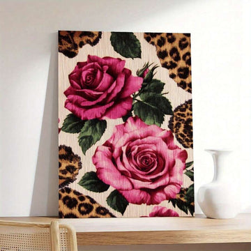 Pink rose canvas poster with leopard print patches