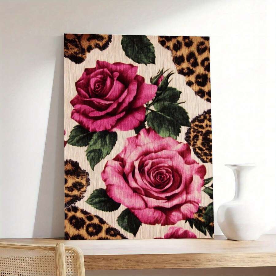 Retro rose print with green leaves and animal pattern