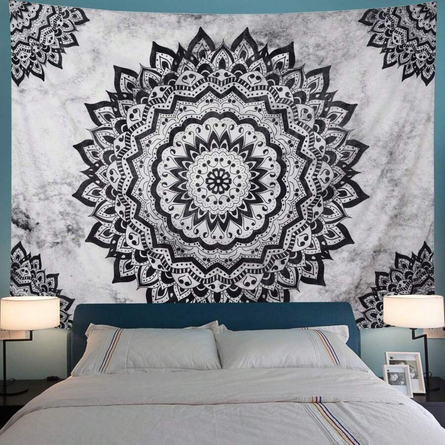 Black white mandala tapestry with floral geometric medallion