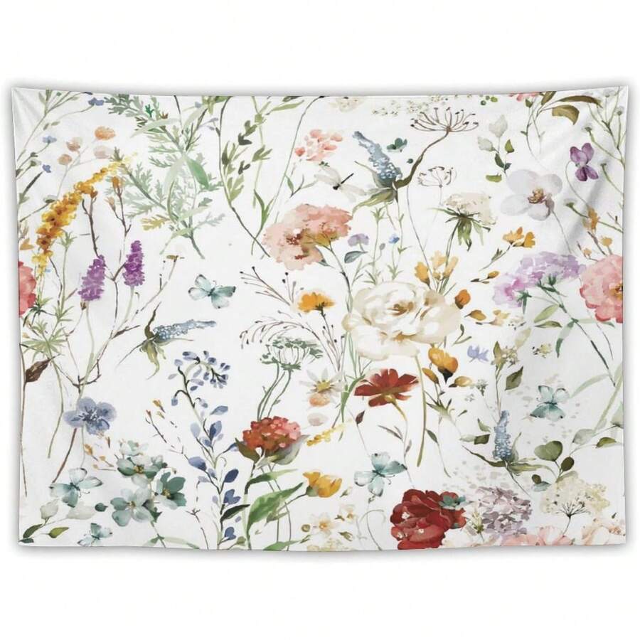 Watercolor wildflower tapestry displayed above teal sofa in bright living room
