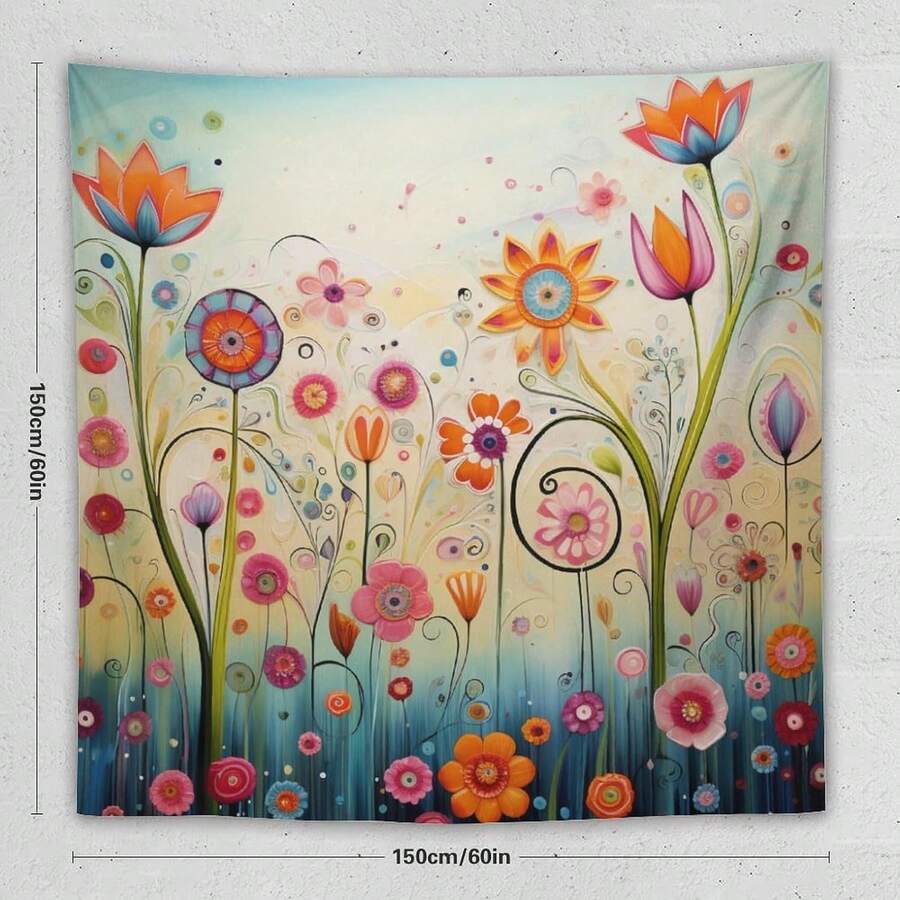 Whimsical floral tapestry displayed above teal sofa with colorful boho decor