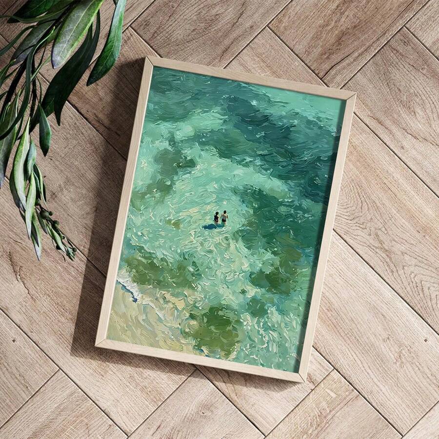 Framed turquoise abstract swimmer print shown as a styled flat-lay