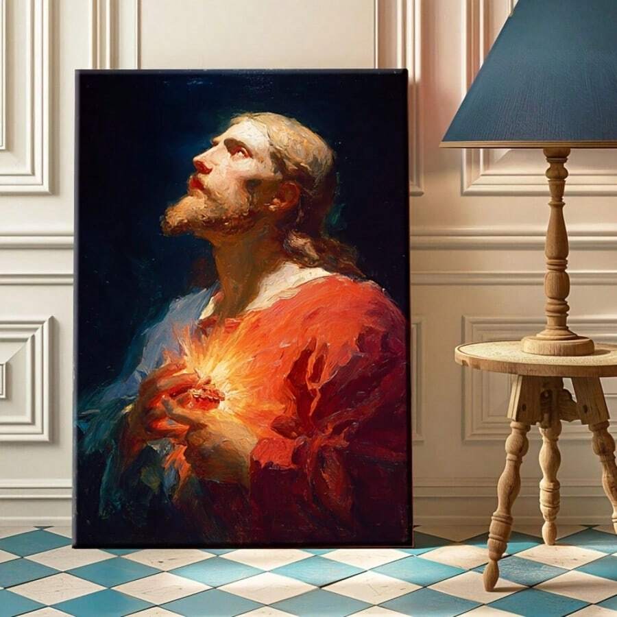 Sacred Heart of Jesus canvas art with glowing heart