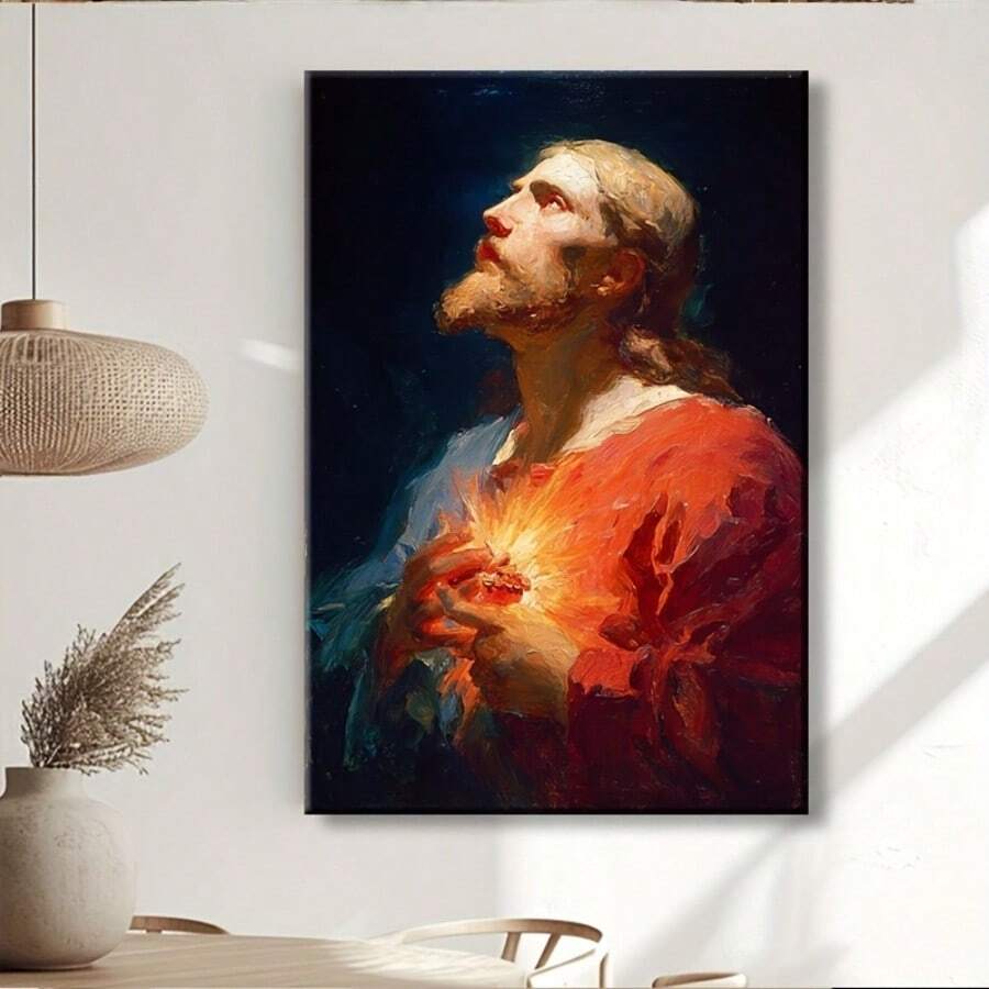 Sacred Heart of Jesus canvas art with glowing heart