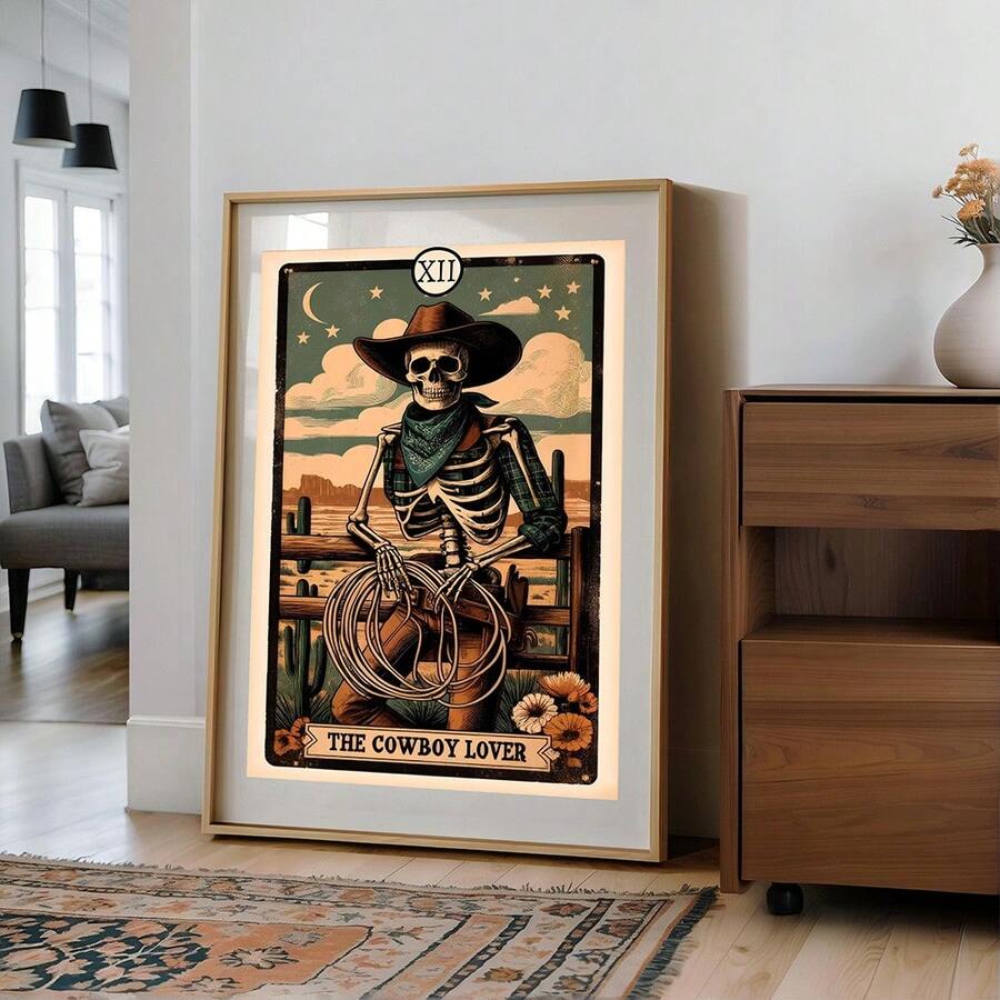 Bring mystical Western charm to your space with this striking vintage cowboy tarot card skeleton wall art. Featuring gothic cactus imagery, this canvas hanging painting blends bohemian and dark aesthetic perfectly for bedrooms, living rooms, or dining areas. The waterproof canvas ensures durability and longevity on any wall. Modern design with intricate figure and graphic details creates a conversation-starting focal point that celebrates alternative style and spiritual symbolism. Perfect for those who appr