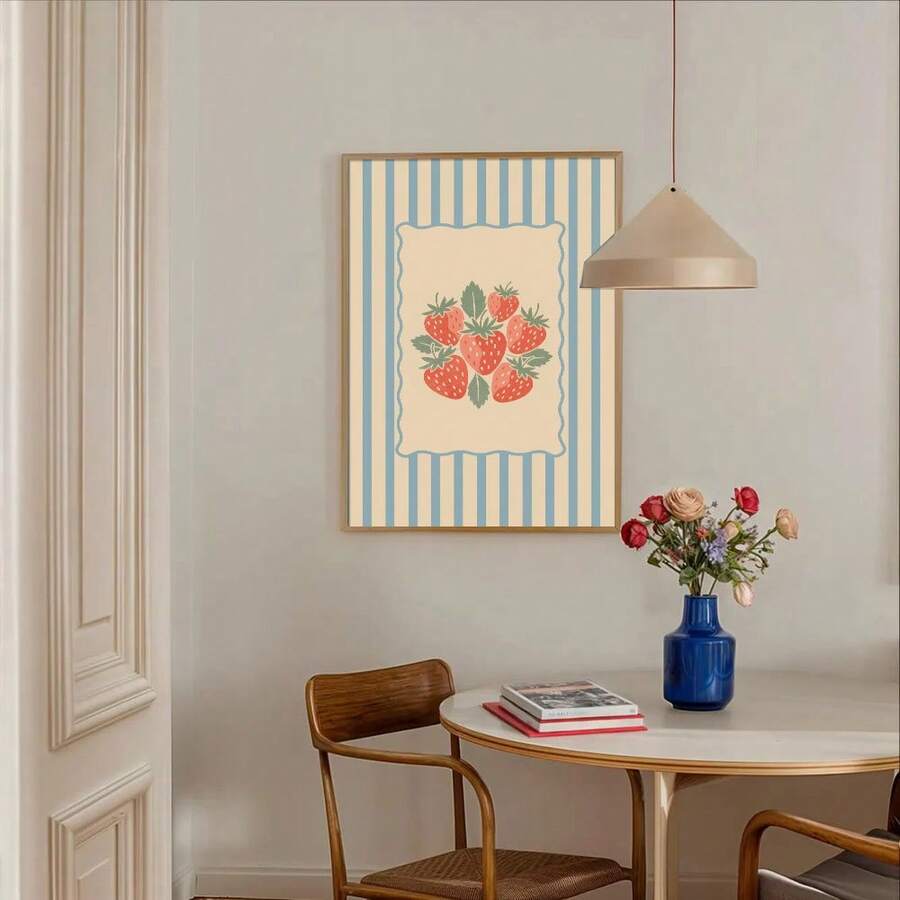 Bring vintage charm to your kitchen with this delightful retro strawberry canvas poster. Featuring classic French country blue stripes and rustic farmhouse aesthetics, it's the perfect accent for dining rooms and kitchen spaces. The waterproof canvas construction ensures durability and easy maintenance. Available as both framed and unframed options to suit your décor style. Transform your walls with timeless fruit-inspired artwork that captures the warmth of countryside living.
