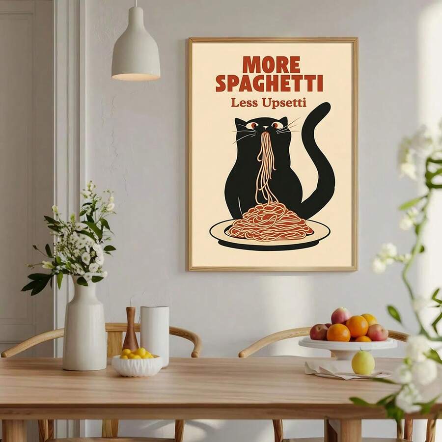 Bring humor and charm to your kitchen with this minimalist black cat canvas art featuring a witty spaghetti quote. Perfect for pasta lovers and cat enthusiasts alike, this modern piece combines playful typography with sleek feline illustration. Available as both framed and unframed options to suit your space. Crafted on durable canvas with waterproof finish, it resists moisture and fading—ideal for dining rooms and kitchen walls. The clean, contemporary design complements any décor style while adding person