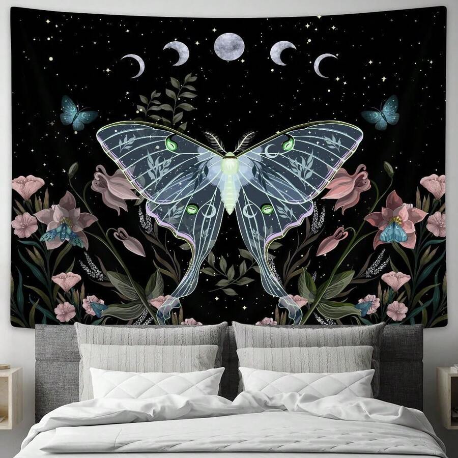 Moon phase luna moth tapestry with black celestial background