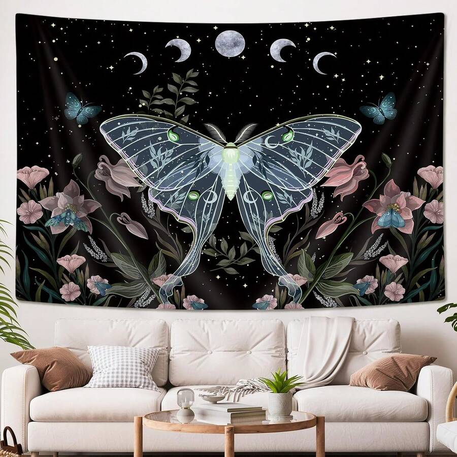 Moon phase luna moth tapestry with black celestial background