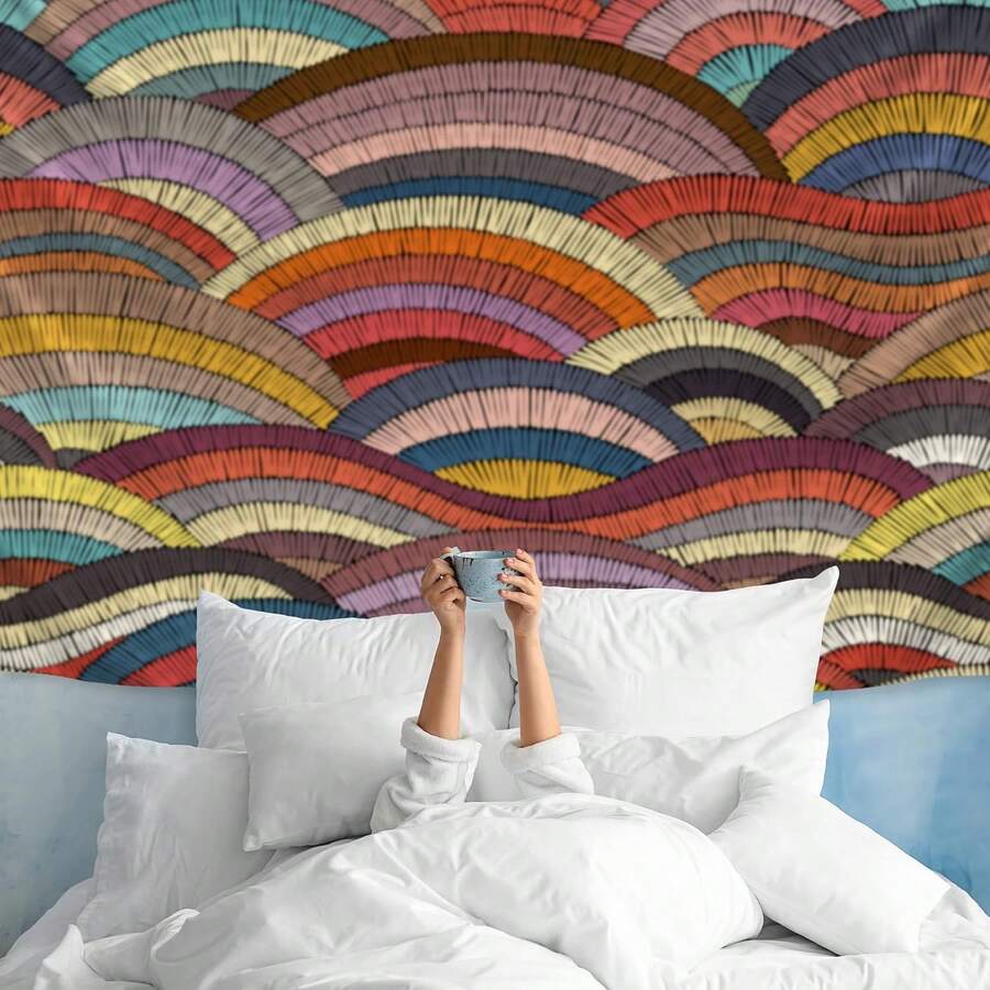 Abstract geometric wave tapestry with rainbow arch shapes