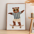 Skateboard bear print with sunglasses bandana and warm neutral nursery room colors