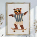 Framed kids wall art showing cute bear riding skateboard in striped outfit