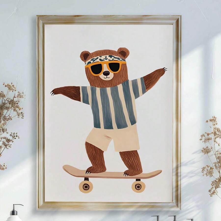 Framed kids wall art showing cute bear riding skateboard in striped outfit