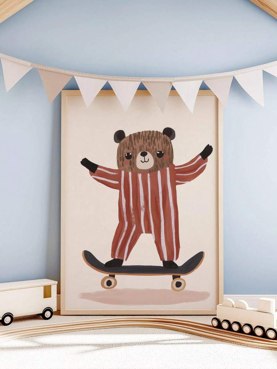 Kids room poster featuring cute skateboarding bear for daycare playroom or baby room