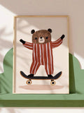 Cute animal wall art with cartoon bear on skateboard in Scandinavian nursery decor style