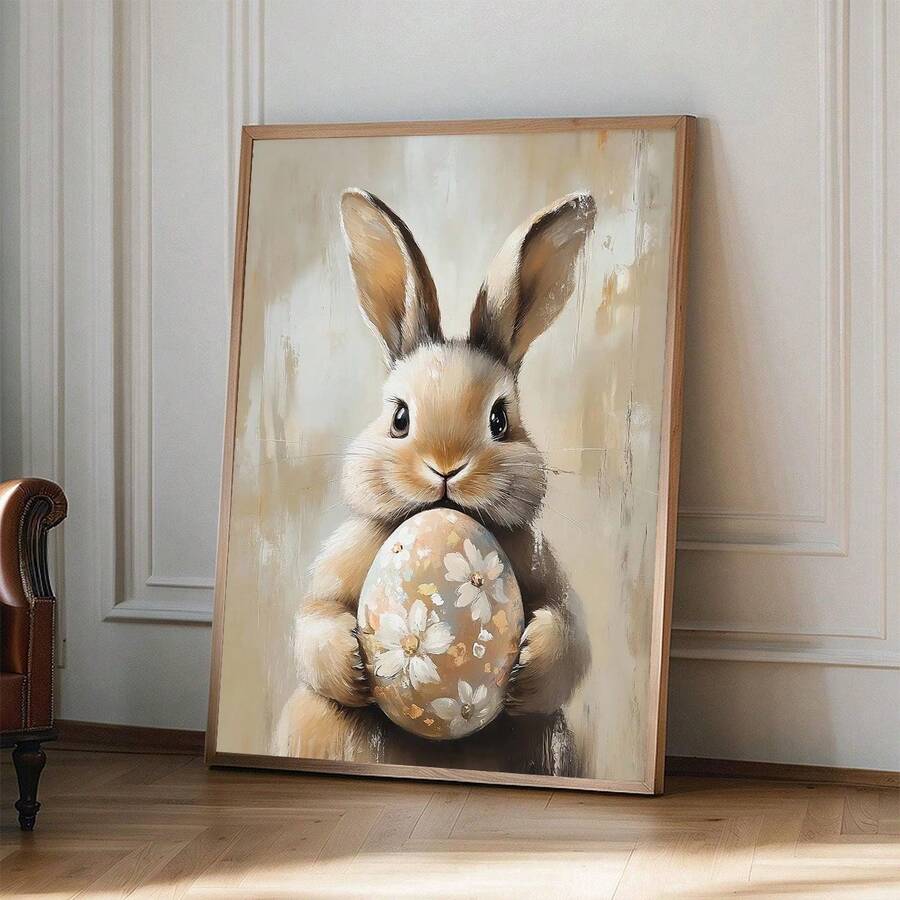 Bring springtime charm to any room with this delightful vintage Easter bunny canvas wall art. Featuring whimsical rabbits surrounded by colorful floral eggs and botanical details, this piece captures the playful spirit of the season. Perfect for nurseries, bedrooms, or living spaces seeking a touch of seasonal warmth. The waterproof canvas construction ensures durability, while the removable design offers flexible decorating options. Available as both framed and unframed, this charming artwork adds nostalgi