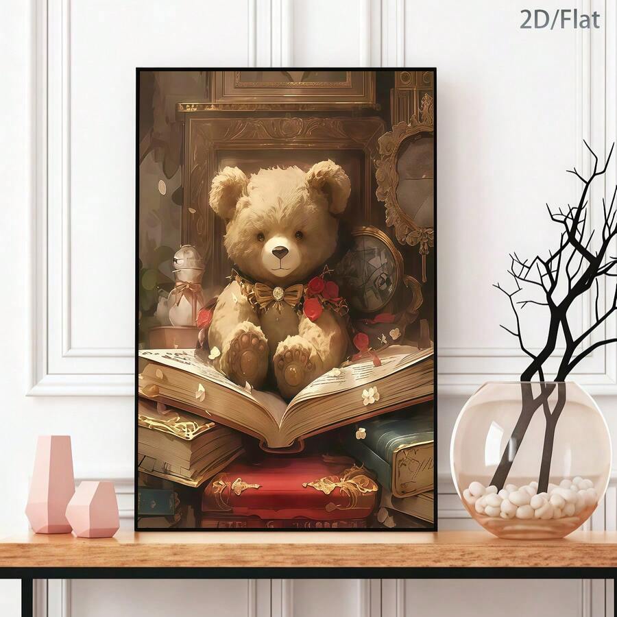 Bring warmth and whimsy to your space with this charming teddy bear canvas art print. Featuring a modern abstract design in a playful cartoon style, this unframed hanging painting adds personality to any room—from dining areas to home offices. Crafted on high-quality canvas with waterproof properties, this scroll painting is durable and easy to maintain. The animal graphic pattern creates a focal point that complements contemporary and eclectic interiors alike. Perfect for adding a touch of adorable sophist