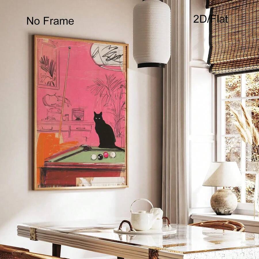 Bring retro vibes to your game room with this funky pink cat billiards art poster. Featuring a playful cartoon cat design, this unframed canvas print adds personality and charm to any space. The waterproof material ensures durability and easy maintenance, making it perfect for home offices, rec rooms, or anywhere you want to showcase your love of pool and quirky decor. A unique conversation starter that celebrates the fun side of billiards culture.