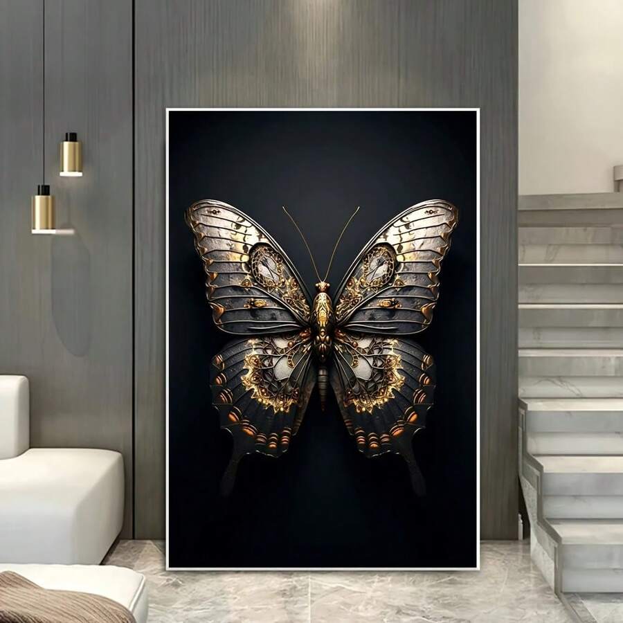 Transform your dining room with this striking steampunk butterfly canvas art. Featuring bold black and gold tones with intricate 3D metallic detailing, this modern luxury piece brings industrial elegance to any space. Crafted on premium canvas with waterproof protection, it's available framed or unframed to suit your décor style. The graphic animal pattern adds contemporary sophistication while the metallic accents catch light beautifully, creating depth and visual interest. Perfect for those seeking statem