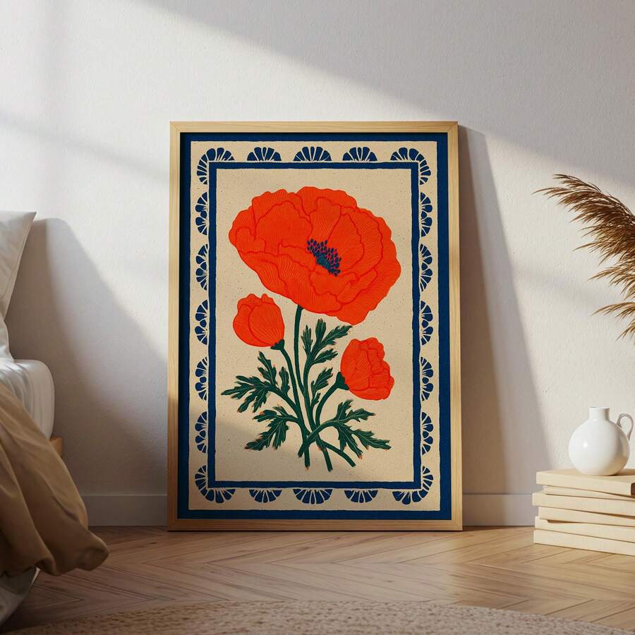 Vintage Scandinavian Botanical Prints, Orange Poppy Folk Wall Art Picture, Boho Flower Poster Mid-Century Modern Decor