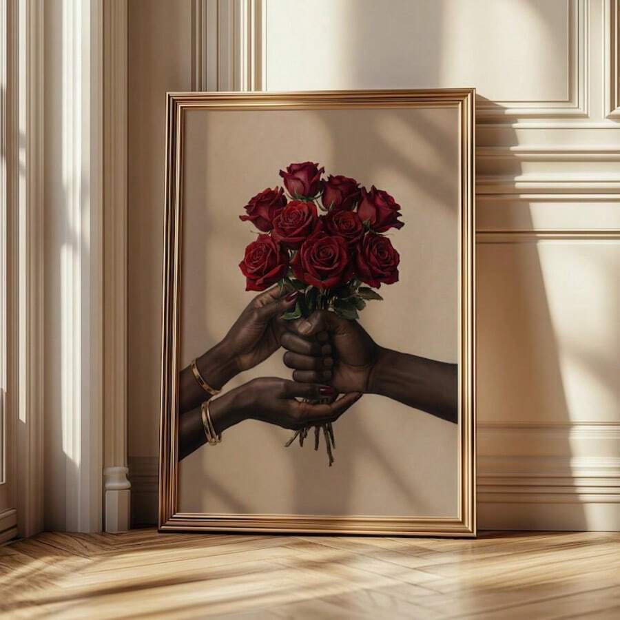 Celebrate love and beauty with this stunning canvas wall art featuring an elegant African American woman surrounded by a romantic bouquet. The modern design combines figure and floral elements in a sophisticated composition perfect for creating a warm, meaningful atmosphere in your dining room or bedroom. Crafted on premium canvas with waterproof finish, this hanging painting brings timeless elegance to any space. The rich, detailed artwork makes a powerful statement about love, culture, and grace—ideal for