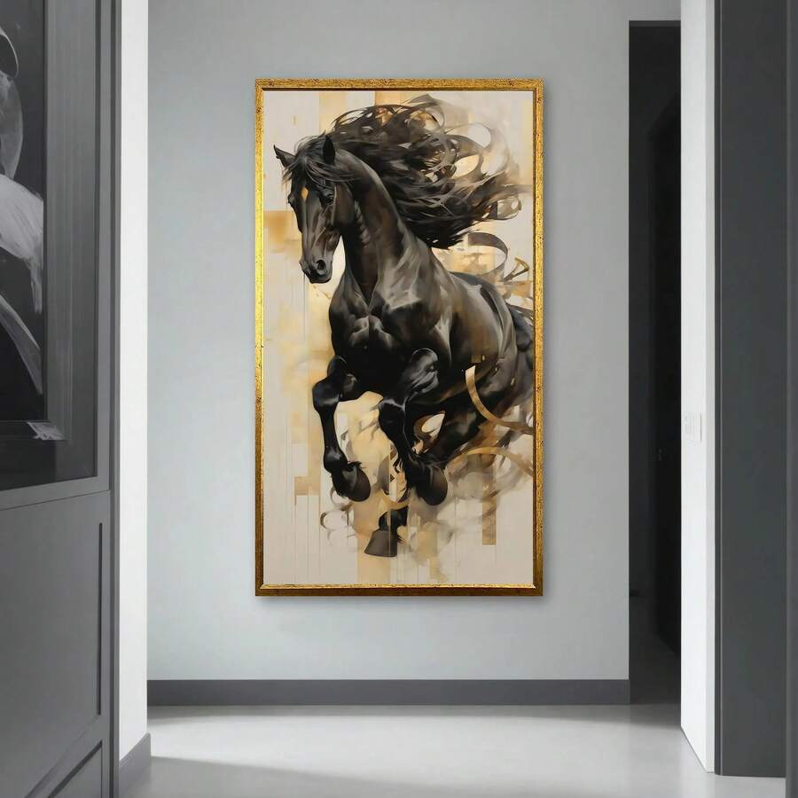 Transform your space with this striking modern abstract black horse canvas art. Featuring bold, contemporary design elements, this frameless piece brings dynamic energy to any room—living room, bedroom, or office. The waterproof canvas ensures durability and longevity, while the unframed format offers versatile styling options. Perfect for those seeking statement wall decor that combines artistic sophistication with practical functionality.