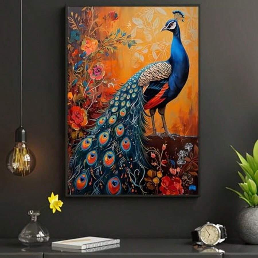 Elevate your space with this stunning Vibrant Blue Peacock Canvas Poster, a striking fusion of luxury and contemporary design. Featuring intricate ornate detailing, this piece showcases a majestic peacock rendered in rich blues and complementary botanical elements. Crafted on premium canvas with waterproof properties, this artwork is built to last.