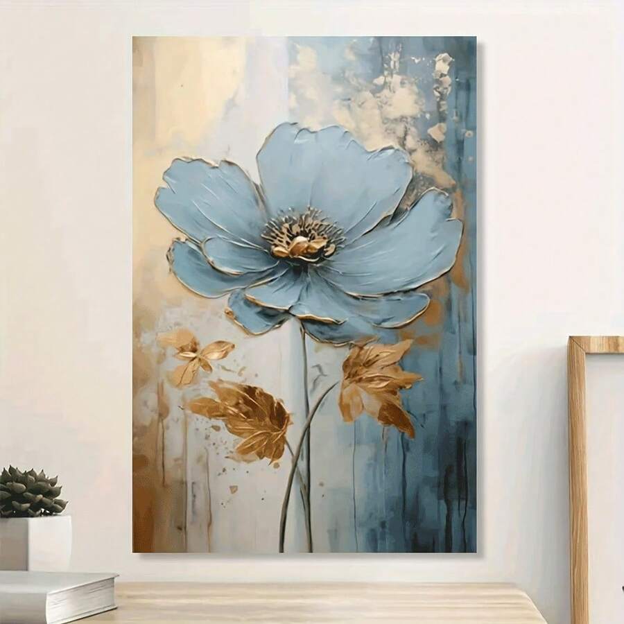 Elevate your space with this stunning modern abstract blue flower canvas art print. Featuring delicate golden floral accents, this frameless piece brings contemporary elegance to any room. The waterproof canvas ensures durability and easy maintenance, making it perfect for living rooms, bedrooms, or dining areas. Its minimalist design complements various décor styles while adding a sophisticated focal point to your walls. Transform your interior with timeless botanical-inspired artistry.