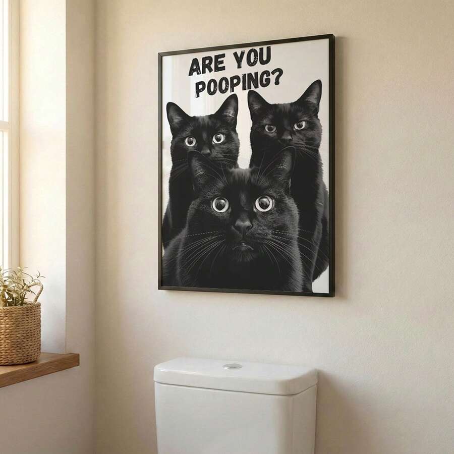 Bring playful charm to your bathroom with this hilarious black cats canvas print. Featuring curious felines in modern cartoon style, this waterproof hanging painting combines animal and letter patterns for a fun, quirky look. Perfect for cat lovers who want to add personality and humor to their space. The durable canvas material withstands bathroom moisture, making it an ideal choice for any cat enthusiast's bathroom décor.