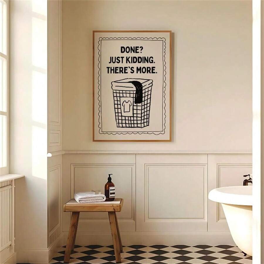 Bring playful charm to any room with this fun 2D canvas wall art featuring a whimsical laundry basket design. Perfect for bedrooms, kitchens, and living spaces, this modern piece combines figure, graphic, and letter elements in Pattern A for visual interest. Crafted on durable canvas material and finished with a waterproof coating, it's built to last. Comes unframed, giving you the flexibility to choose your own frame style and create a personalized gallery wall that matches your décor perfectly.