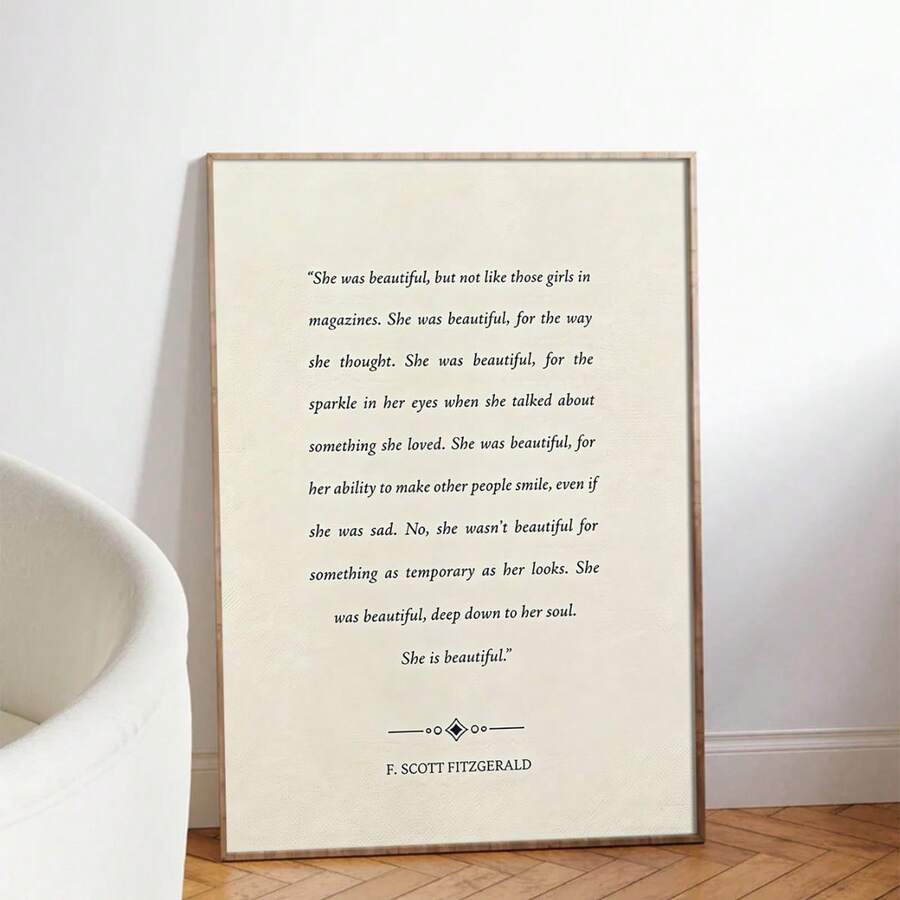 Vintage Fitzgerald quote poster in a light oak frame