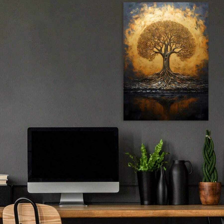 Bring serene elegance into your space with this stunning Golden Tree of Life Canvas Art. Featuring a modern zen aesthetic, this unframed painting showcases intricate botanical details in rich golden tones that complement any contemporary décor. Perfect for living rooms, entryways, or dining areas, the waterproof canvas ensures lasting beauty and durability. The minimalist design creates a focal point that inspires calm and balance, making it an ideal choice for those seeking meaningful wall art that transfo