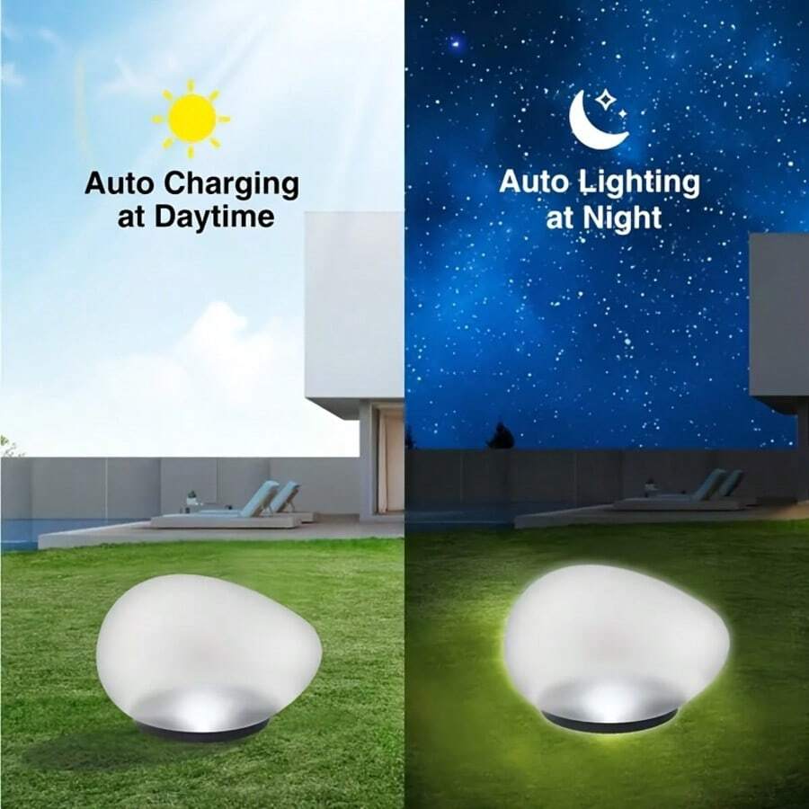 Auto charging daytime and auto lighting at night feature graphic for pebble solar lights